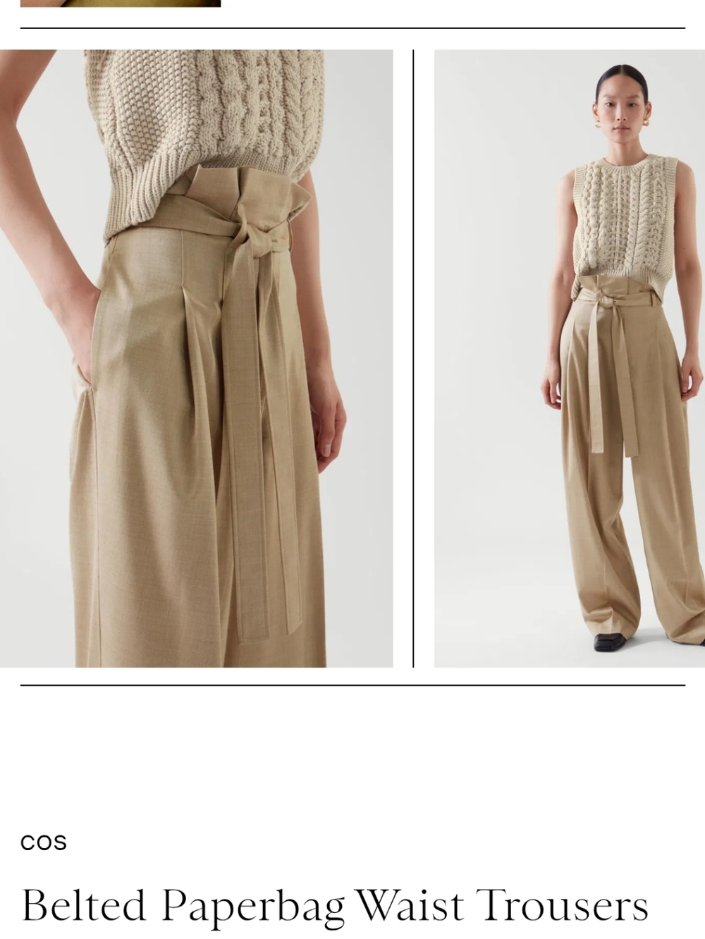 COS Womens Belted Paperbag Waist Trousers Wide Leg Cropped khaki Size 2‎